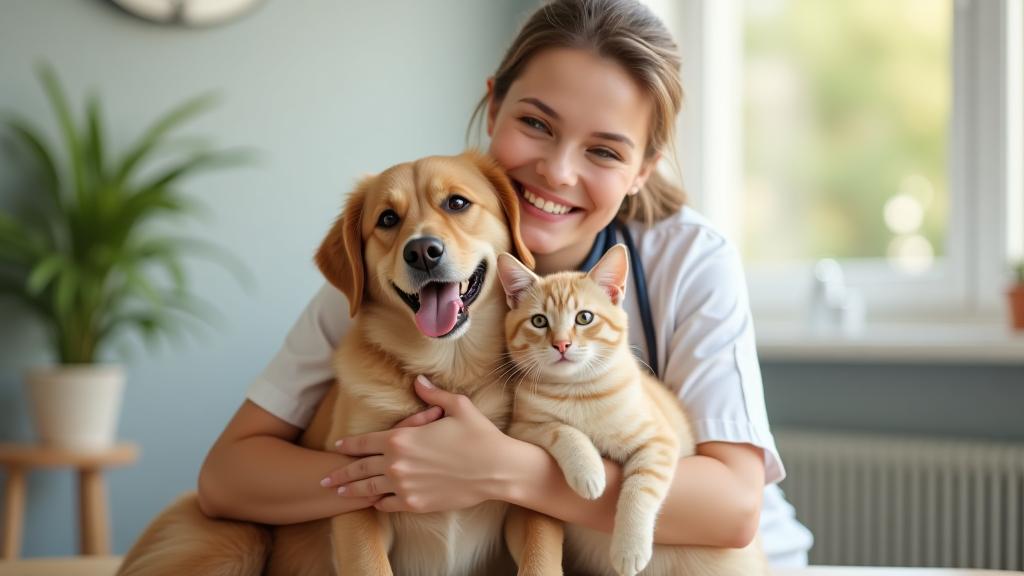 Happy dog and cat cuddling with a veterinarian