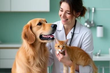 Smiling veterinarian examining a golden retriever and a ginger cat